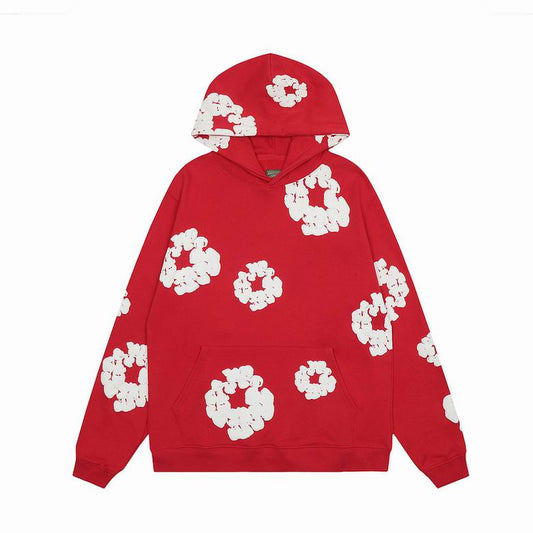 Red and White Cotton Wreath Denim Tear Hoodie