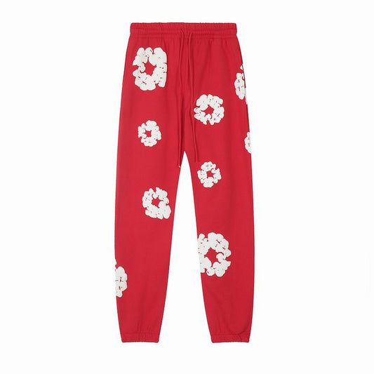 Red and White Cotton Wreath Denim Tear Pants
