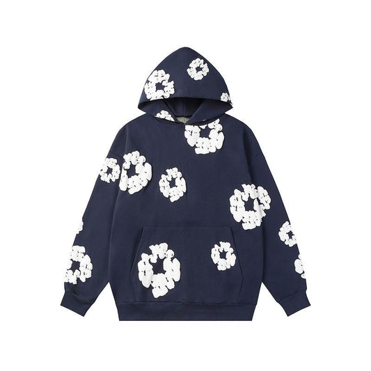 Navy Blue Cotton Wreath Denim Tear Hoodie