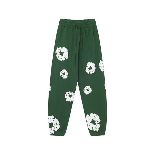 Green and White Cotton Wreath Denim Tear Pants