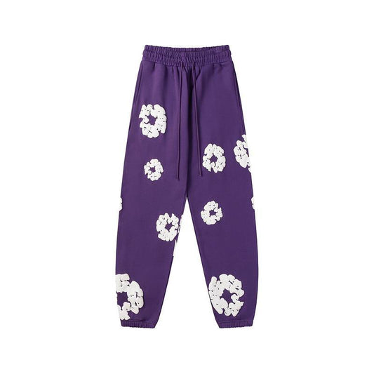 Purple and White Cotton Wreath Denim Tear Pants