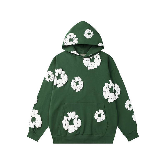 Green and White Cotton Wreath Denim Tear Hoodie