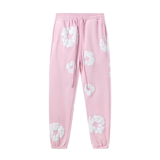Pink and White Cotton Wreath Denim Tear Pants